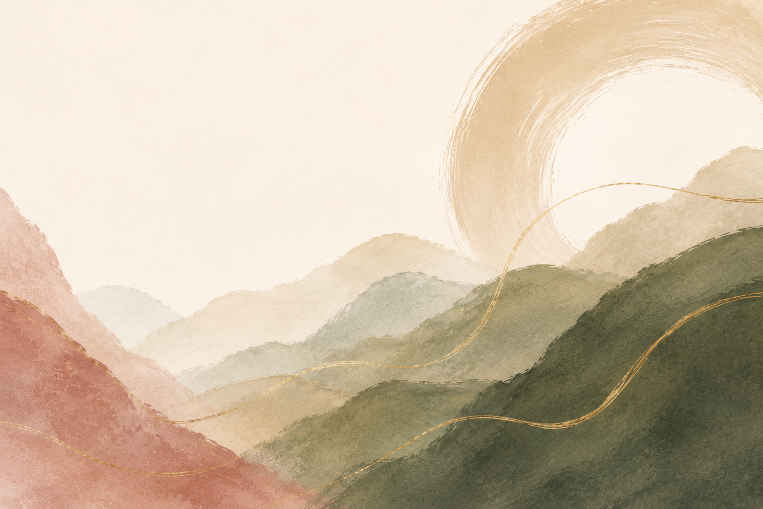Abstract watercolor mountain landscape in sage, terracotta and blush tones with fine gold linework.